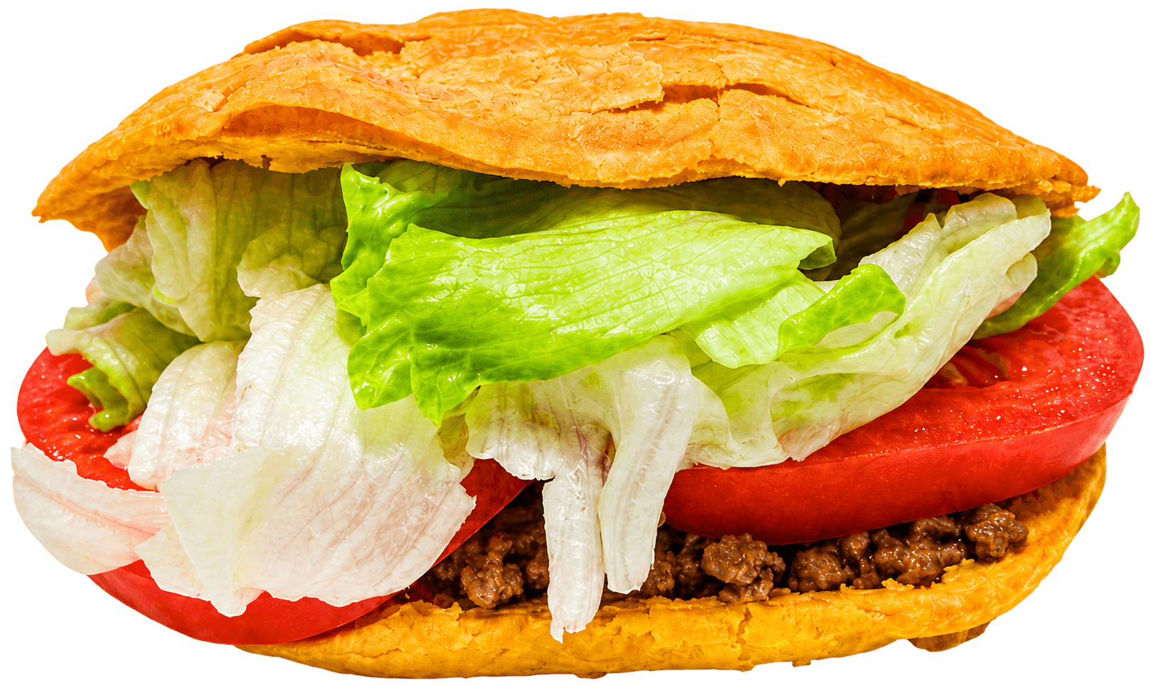 Fresh Jamaican patty filled with seasoned beef, lettuce, and tomato
